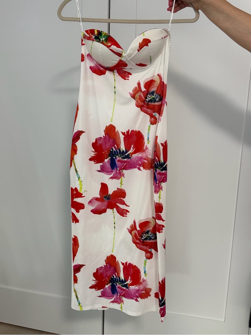 White Midi Slip Dress with Red Floral Print